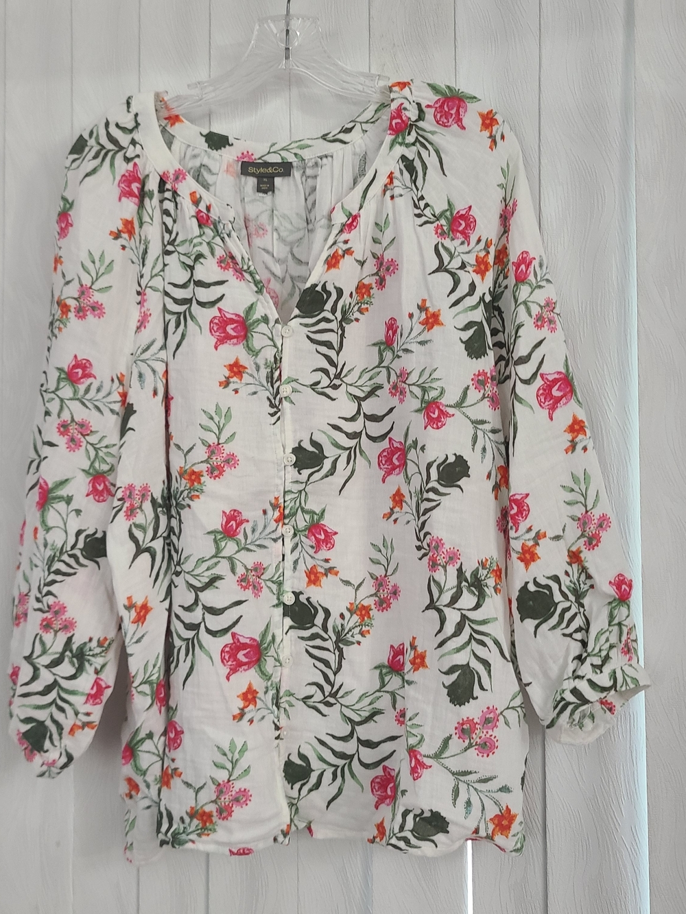 Style Co Sz XL White Pink Green Floral Boxy Oversized Lightweight Gauze Blouse